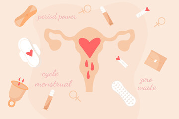 Female menstruation. Period and hygiene product tampon, sanitary pads and menstrual cup. Menstruation period, menstrual accessory tampon illustration