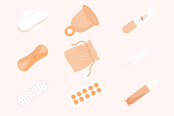 Sanitary napkin, women menstrual pad, tampon, reusable pad, menstrual cup underpants with menstruation blood isolated on white background.