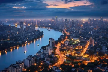 Foto auf Acrylglas Skyline Chao Phraya River and cityscape at twilight, Bangkok, Thailand, Aerial skyline view of Hanoi. Hanoi cityscape at twilight, AI Generated