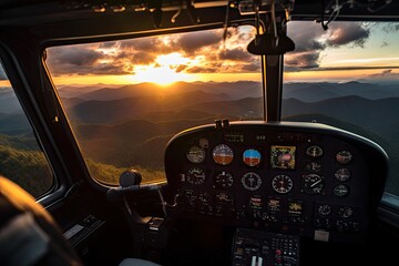 Helicopter cockpit at sunset with mountains in the background, Aerial sunset view over the Blue Ridge Mountains from the cockpit of a private aircraft. Sky with clouds. Sky background, AI Generated