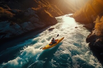 Aerial view of a man kayaking on the mountain river. Aerial top view Extreme sport kayak sails mountain river with sun light, AI Generated