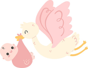 Cute baby shower,  strok with baby newborn girl cartoon doodle flat desing illustration.
