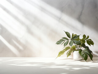 Abstract white marble tabletop with plant and copy space background, product montage