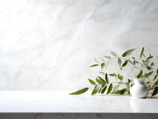 Abstract white marble tabletop with plant and copy space background, product montage