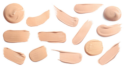 Foundations of various shades and textures for different skin tones and types isolated on white....