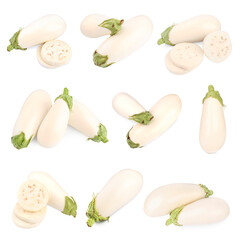 Set with many white eggplants isolated on white