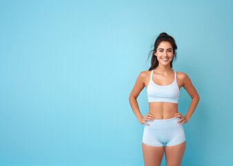 Fototapeta premium Young smiling fitness woman on blue background with copy space