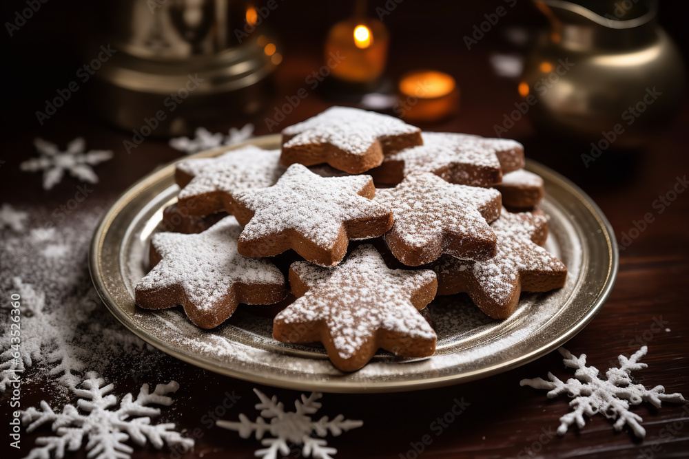 Poster A plate overflows with gingerbread stars, lightly dusted with powdered sugar, capturing the essence of festive indulgence