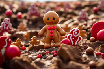 A daring gingerbread man embarks on an adventure, navigating through a landscape brimming with candy wonders