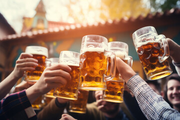 Close up of a group of happy people holding up beer glasses celebrating Oktoberfest, beer festival - Powered by Adobe