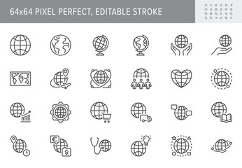 Globe line icons. Vector illustration include icon - international communication, teamwork, ecology, earth, travel outline pictogram for worldwide cooperation. 64x64 Pixel Perfect, Editable Stroke