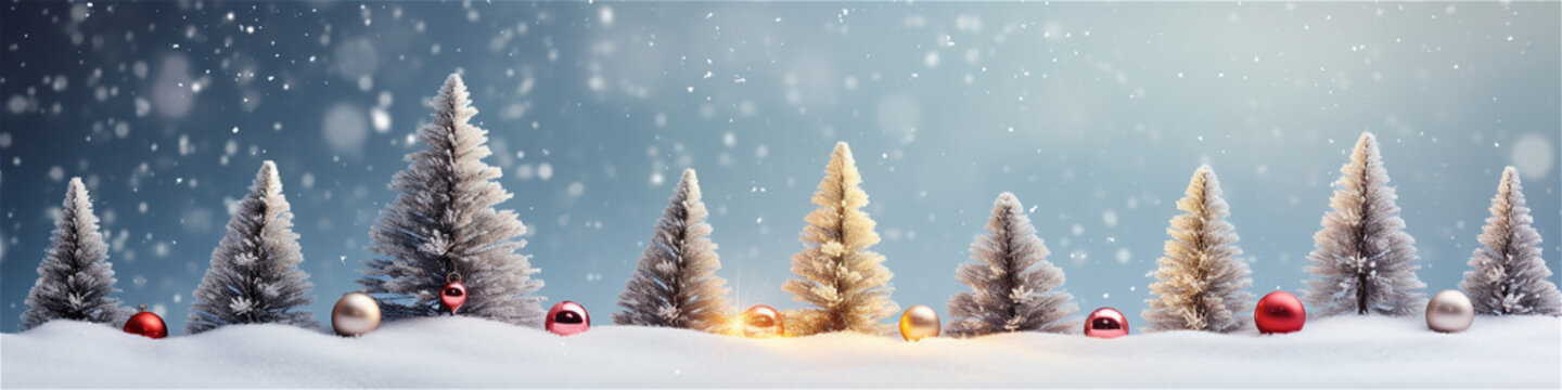 anner or header with christmas trees and forest in a winter landscape