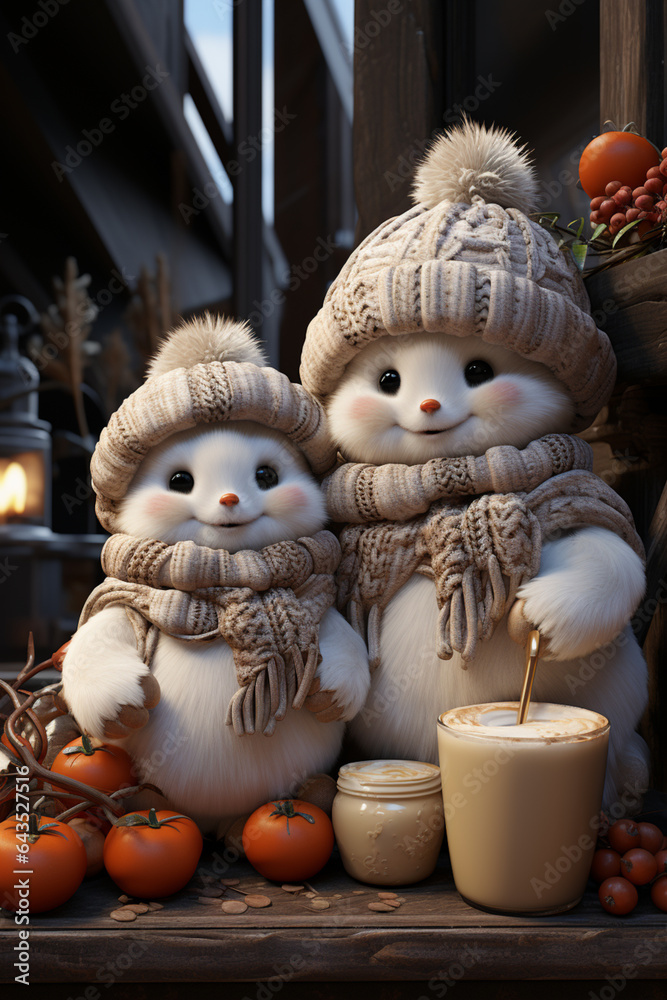 Poster a pair of snowman standing near a windowsill, generative ai technology.