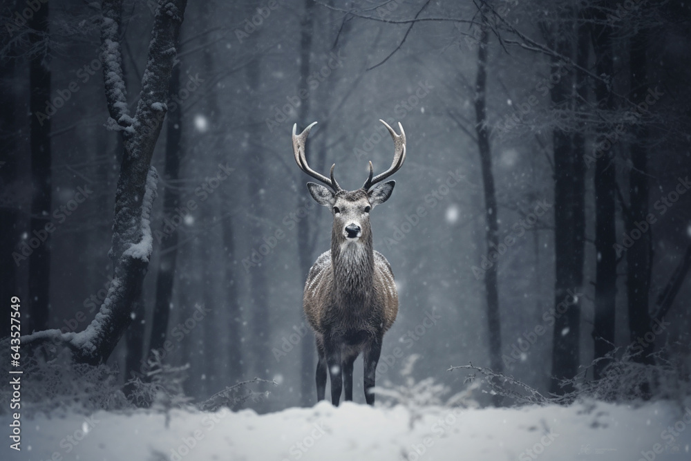 Aufkleber a deer is caught in the snow and the rest of the scenery, Generative AI technology.