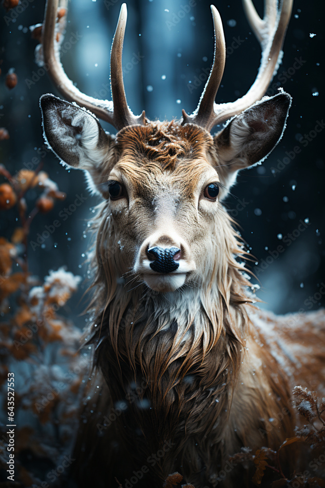 Aufkleber a deer is caught in the snow and the rest of the scenery, Generative AI technology.