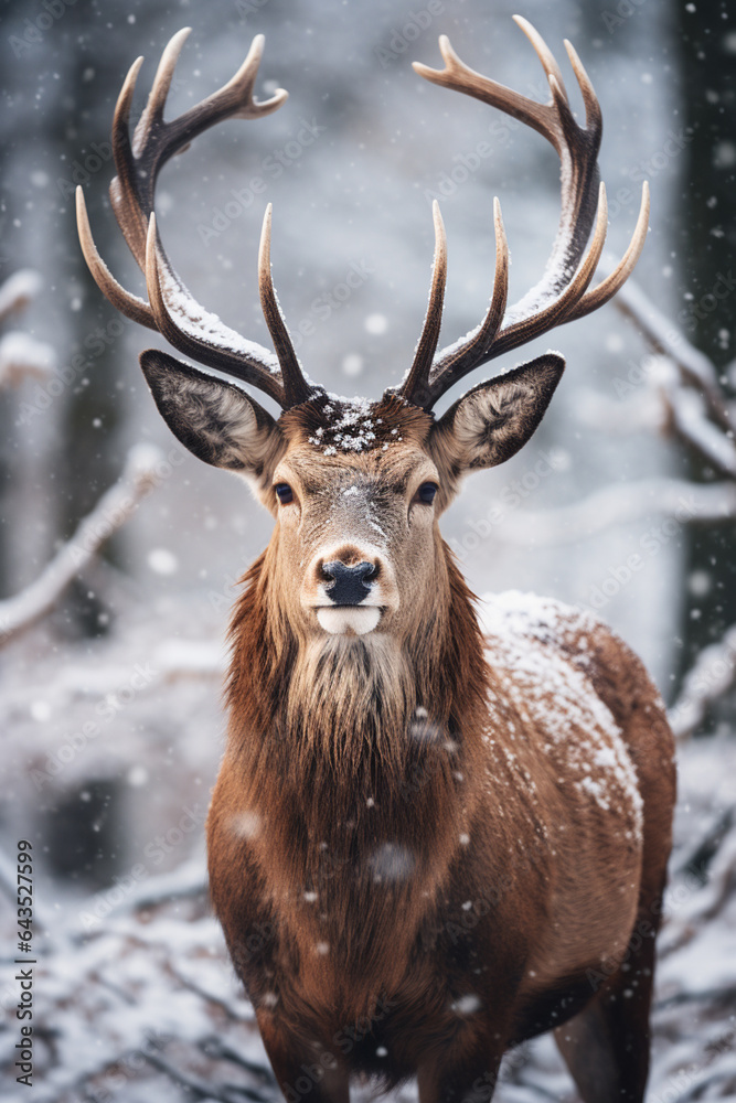 Aufkleber a deer is caught in the snow and the rest of the scenery, Generative AI technology.