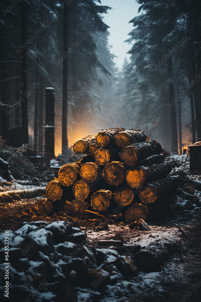 Poster large logs of wood in snow piled up on road towards, generative ai technology.