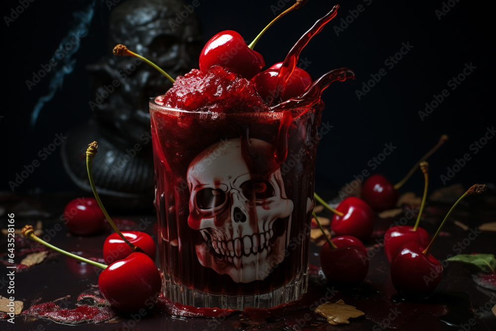 Poster a drink is dressed up with red cherries and chocolate, generative ai technology.