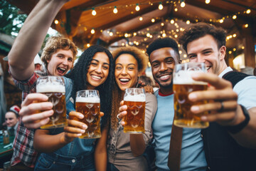 Group of happy people holding up beer glasses celebrating Oktoberfest, beer festival