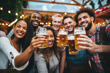 Obraz na płótnie Canvas Group of happy people holding up beer glasses celebrating Oktoberfest, beer festival