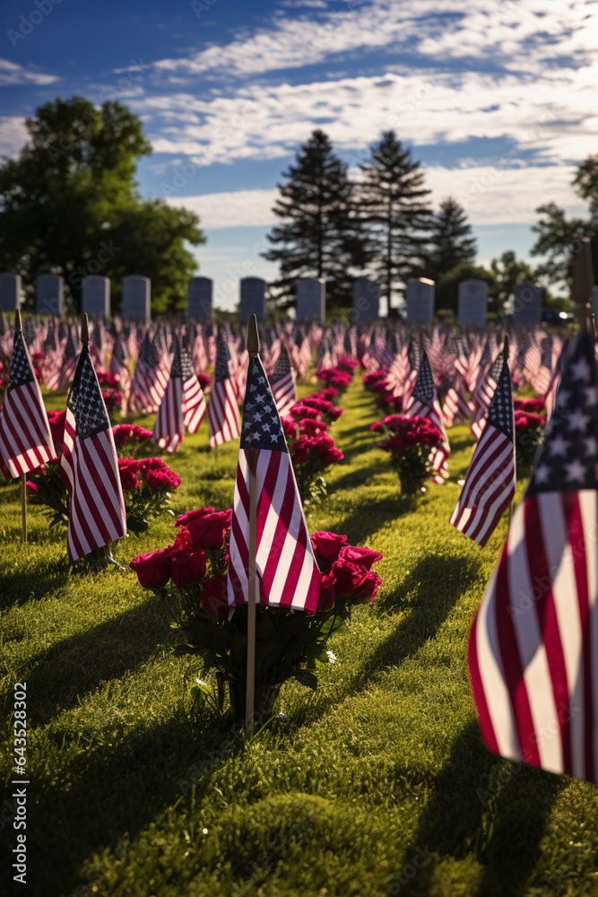 Poster rows of gravestones at a veterans cemetery adorned with flags and flowers. generative ai technology.