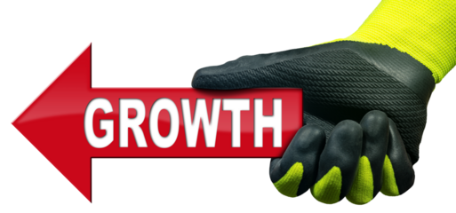 Manual worker with protective work gloves holding a red directional sign with the text, Growth (red arrow), isolated on white or transparent background. Png.
