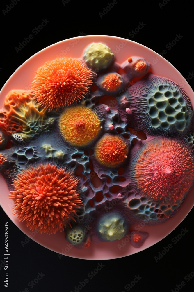 Poster a multicolored plate of bacteria on top of an empty plate, generative ai technology.