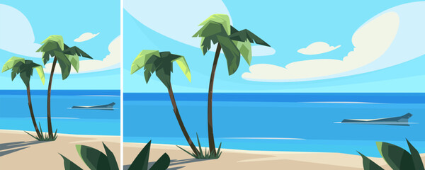Palm trees with ocean and clouds. Summer landscape in different formats.