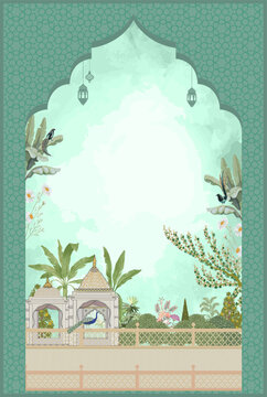 Mughal Wedding invitation card design template. Mughal temple with banana tree, peacock, birds, and tropical tree. vector illustration