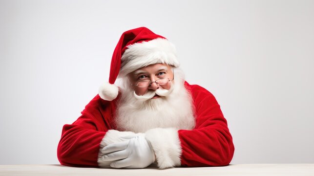 Santa Claus sitting at the table on a white background