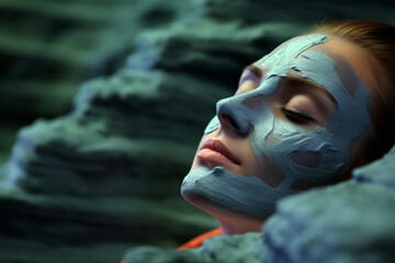 Serene woman with a mud facial mask, reclining gracefully by the edge of a tranquil geothermal pool