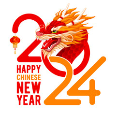 Greeting card, banner design for Chinese New Year 2024 with Dragon, zodiac symbol of 2024 year, numbers and text on red background. Translation of hieroglyph on lantern Dragon. Vector illustration