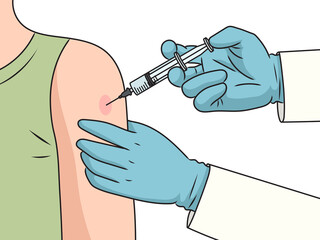 Vaccination. Injection of the vaccine with a syringe into the shoulder diagram schematic raster illustration. Medical science educational illustration