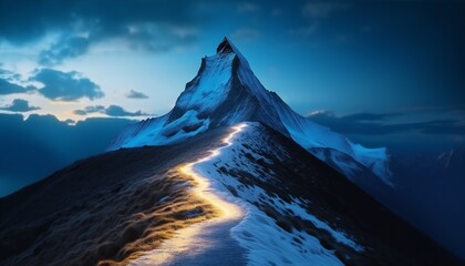 Path to success concept, with glowing light path going up the mountain