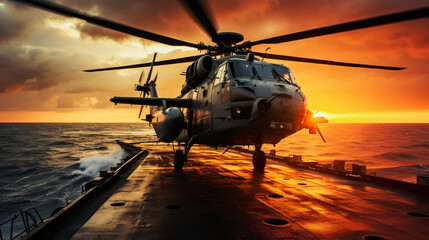 Fototapeta na wymiar Military helicopter on warship board at sunset