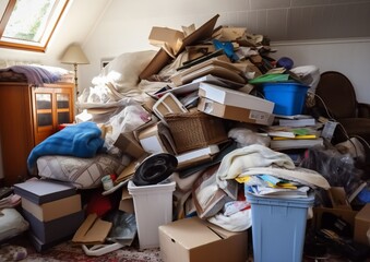 Hoarder room packed with boxes, electronics, business equipment