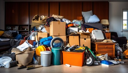 Pile of junk in a house, hoarder room pile of household equipment needs clearing out