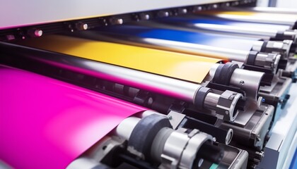 Large inkjet printer working multicolour on vinyl banner close up