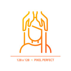 2D pixel perfect woman with head massage gradient icon, isolated vector, haircare thin line simple orange illustration.