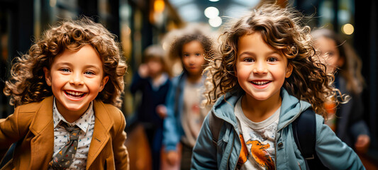Obraz na płótnie Canvas children smiling in the school hallway, happy, back to school,