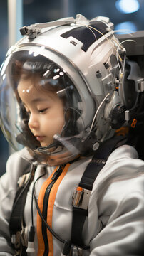 Cute child astronaut in spacesuit and helmet. Futuristic kid spacewalk and cosmic travel adventure in space. AI generative