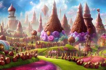 Fantasy land with a chocolate factory.