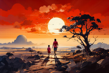 painting of a landscape with a family walking, red sky, a moon and trees, painting