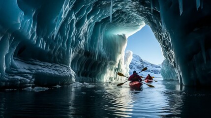 Kayakers navigating through a maze of stunning glacier ice formations
