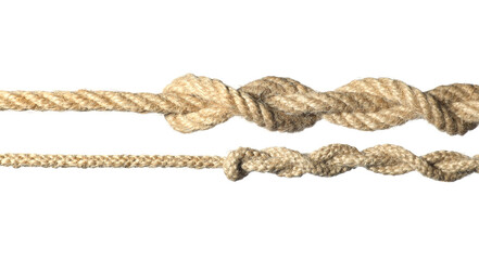 Two hemp ropes with knots isolated on white