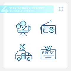 Pixel perfect blue icons set representing journalism, editable thin line illustration.