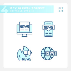 2D pixel perfect customizable blue icons collection representing journalism, isolated vector, thin line illustration.