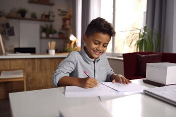 African-american boy doing homework at table in living room at home - obrazy, fototapety, plakaty