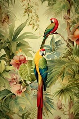 Exotic parrots on trees illustration 