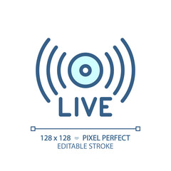 2D pixel perfect editable blue live stream icon, isolated vector, thin line illustration representing journalism.